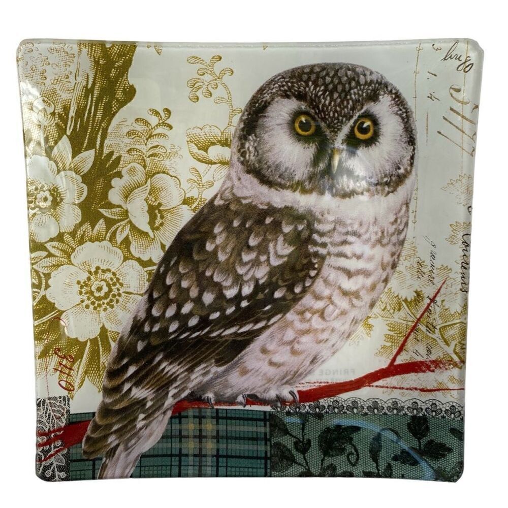 NWT Fringe Studio Square Glass Floral & Owl Trinket Soap Jewelry Tray